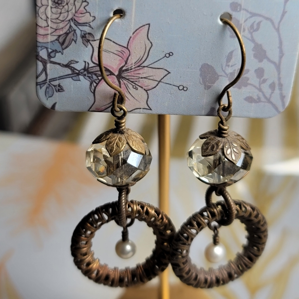 Elegant Gold and Brown Crystal & Pearl Earrings